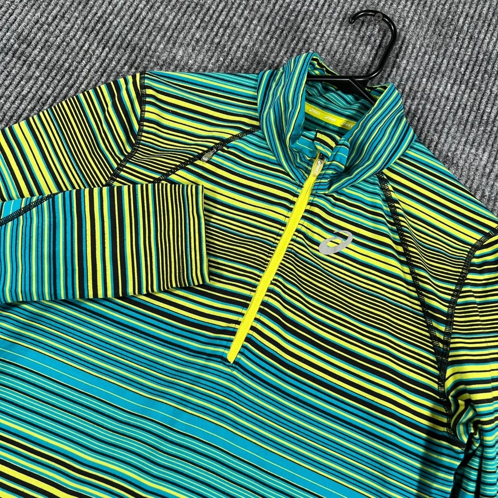 ASICS Pullover Shirt Womens Medium Green Striped Long Sleeve 1/4 Zip Running